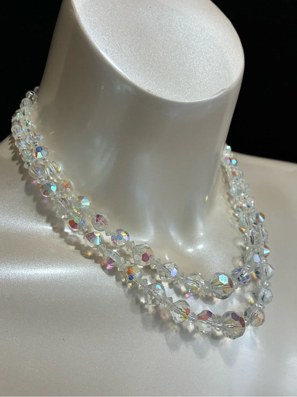 Crystal Aurora Borealis Multi-Strand Statement Necklace - Clear Iridescent EUC